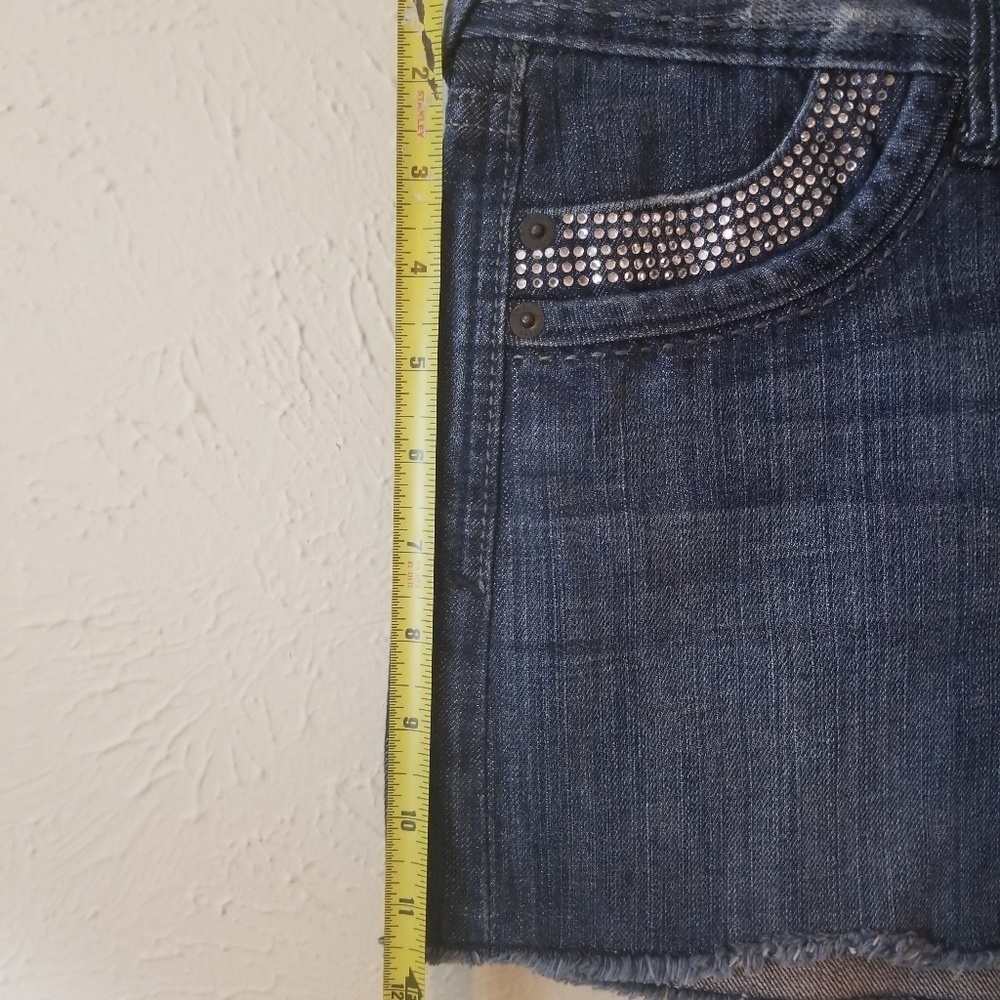 Express Dark Wash Rhinestone Bling Denim Micro Mini Skirt Raw Hem Y2K - Picture 6 of 9